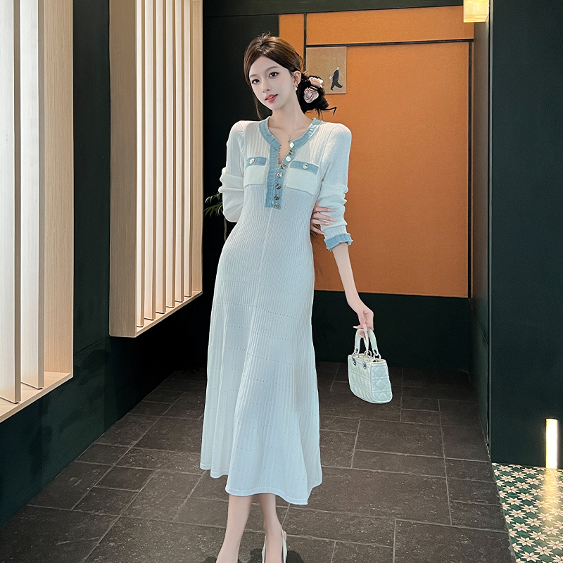 Hollow white France style round neck long sleeve dress