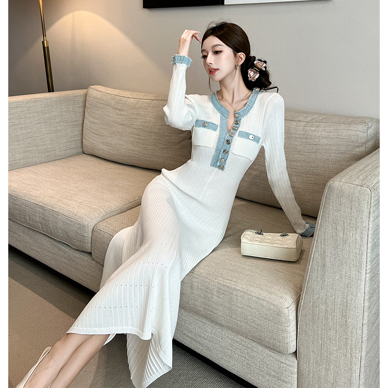 Hollow white France style round neck long sleeve dress