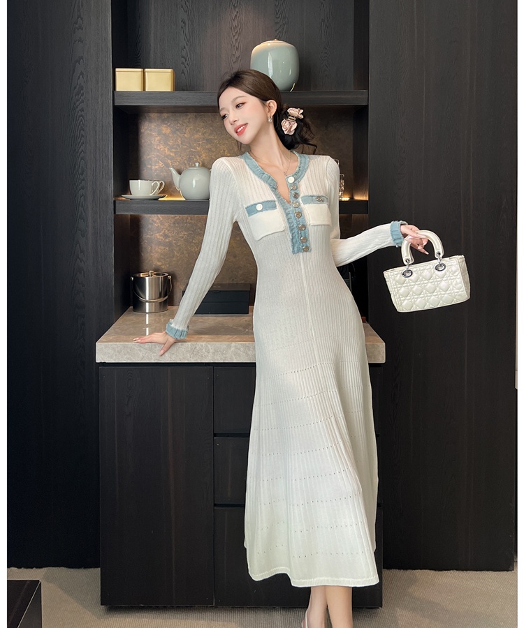 Hollow white France style round neck long sleeve dress