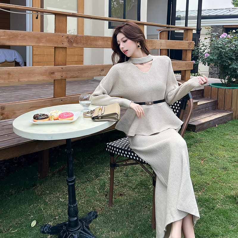 Lotus leaf edges tops with belt skirt 3pcs set