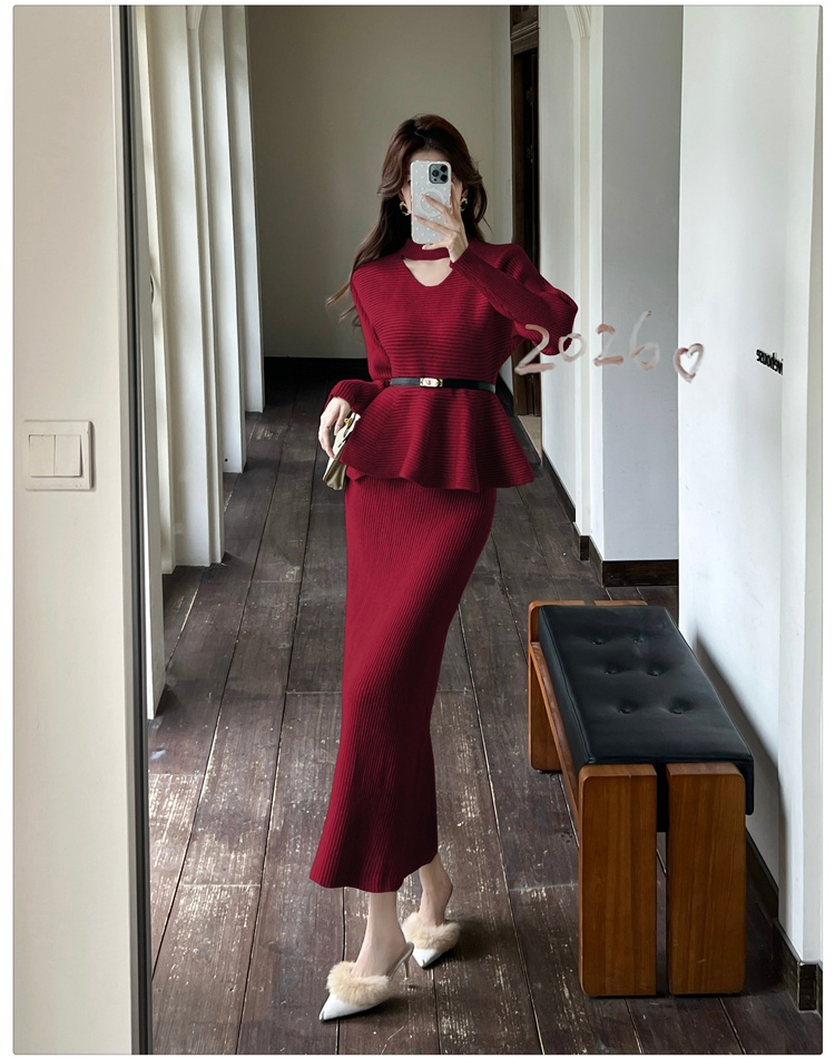 Lotus leaf edges tops with belt skirt 3pcs set