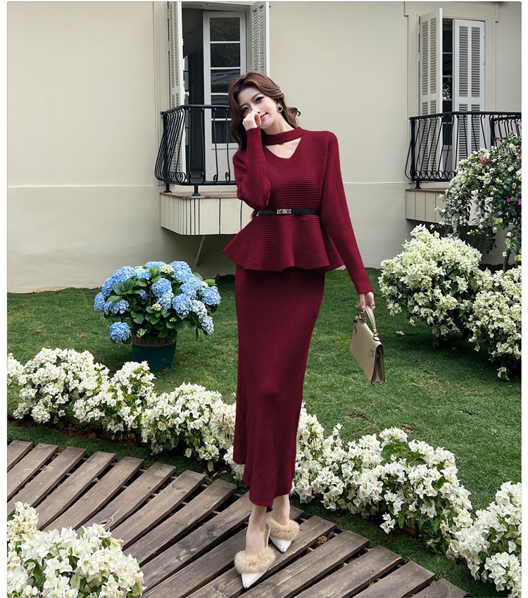 Lotus leaf edges tops with belt skirt 3pcs set