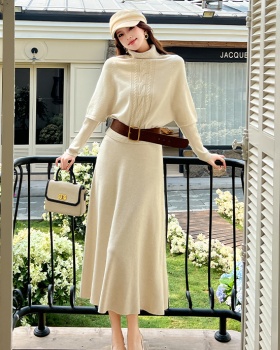 High collar with belt lazy long sleeve dress 3pcs set