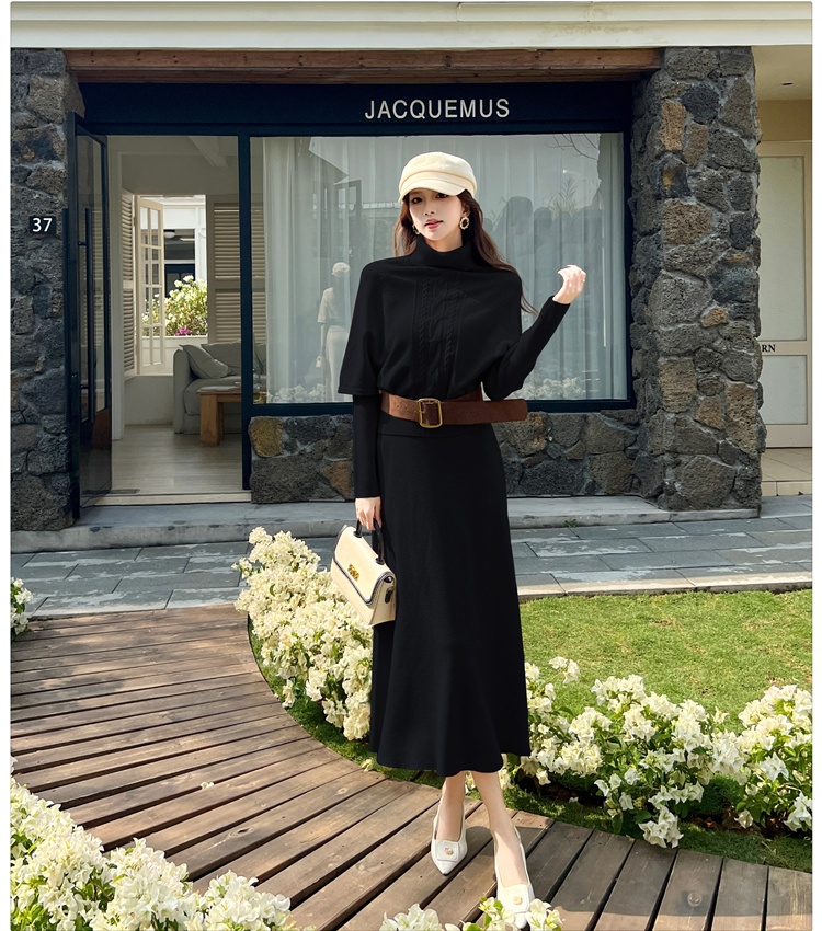 High collar with belt lazy long sleeve dress 3pcs set