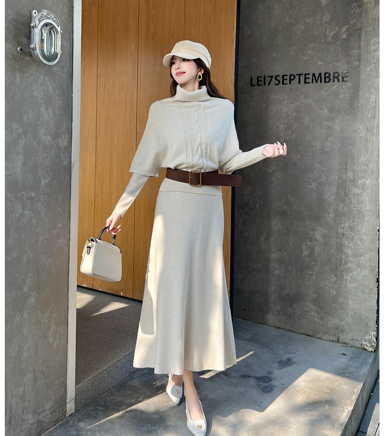 High collar with belt lazy long sleeve dress 3pcs set