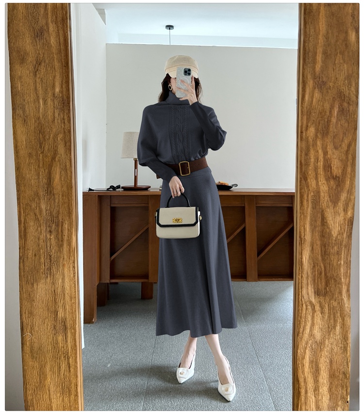 High collar with belt lazy long sleeve dress 3pcs set