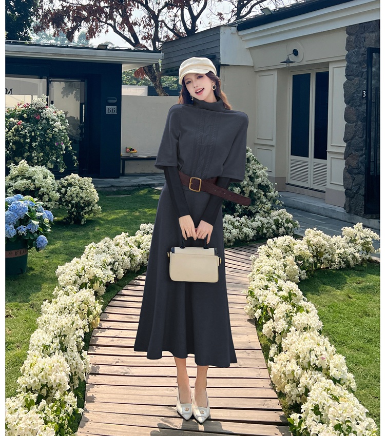 High collar with belt lazy long sleeve dress 3pcs set