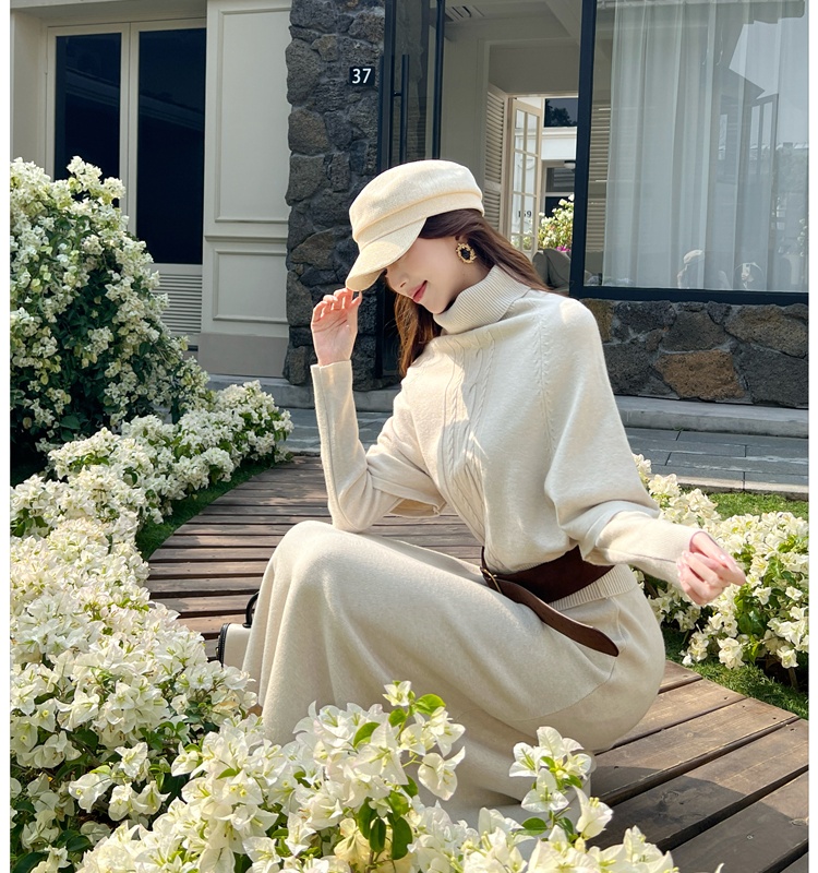 High collar with belt lazy long sleeve dress 3pcs set