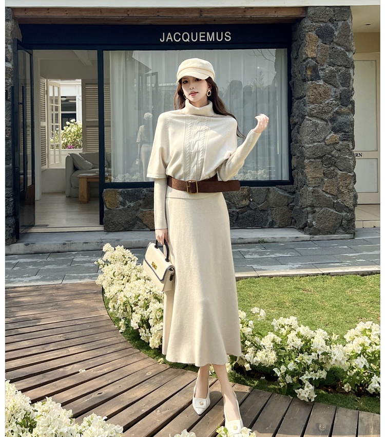 High collar with belt lazy long sleeve dress 3pcs set