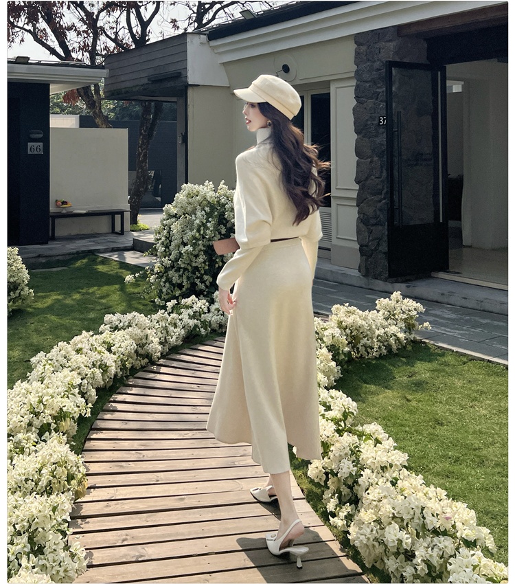 High collar with belt lazy long sleeve dress 3pcs set