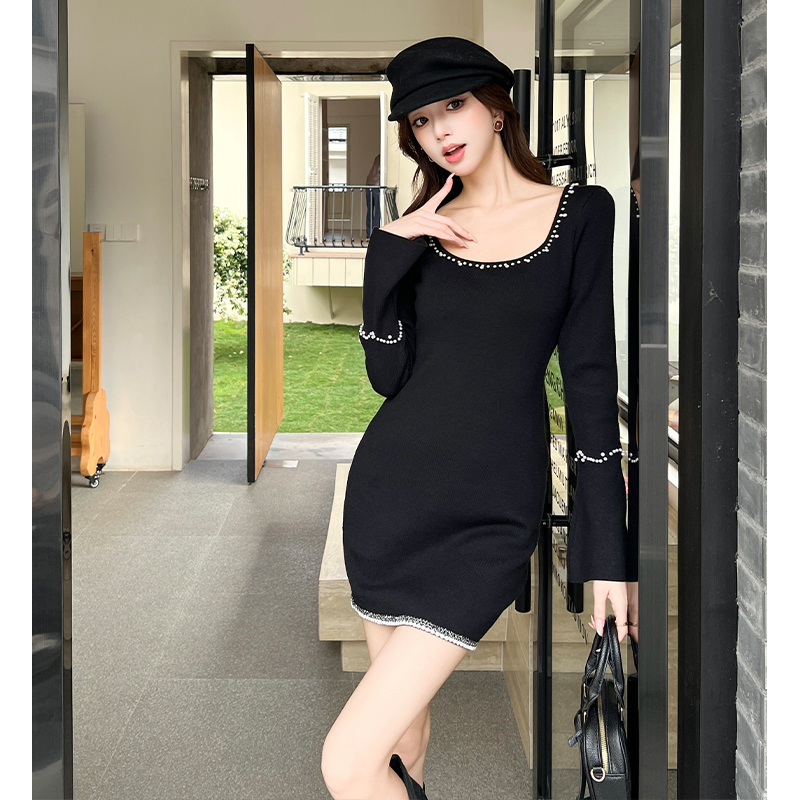 Chanelstyle long sleeve dress black T-back for women