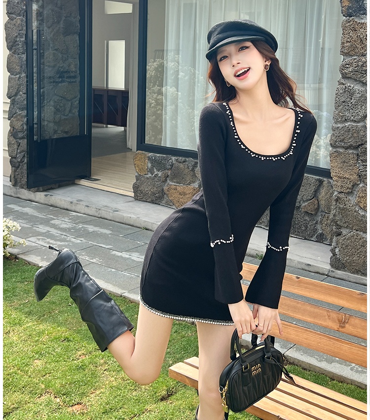 Chanelstyle long sleeve dress black T-back for women