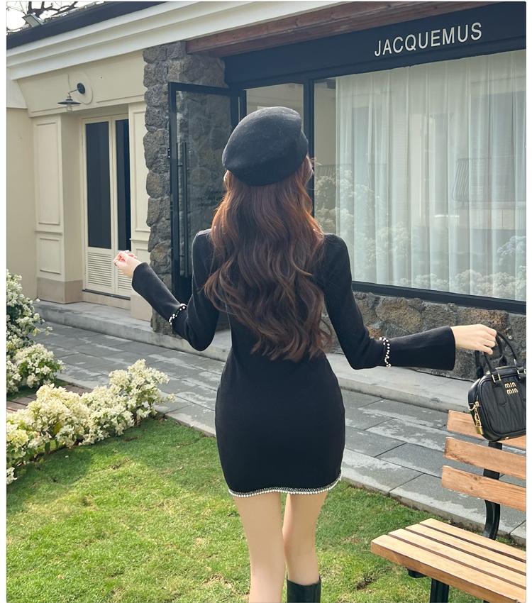 Chanelstyle long sleeve dress black T-back for women