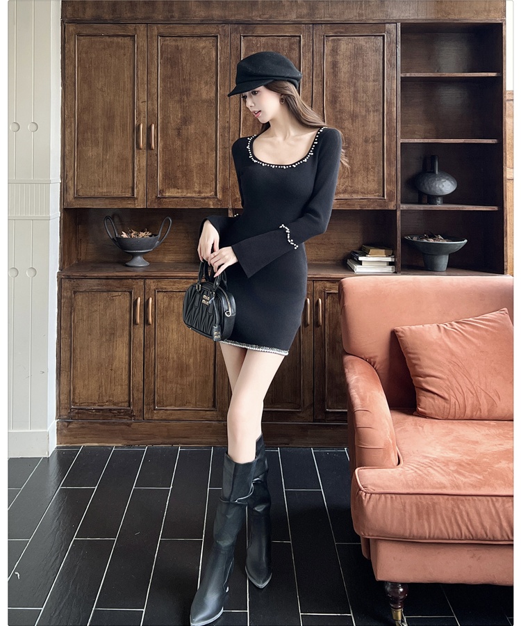 Chanelstyle long sleeve dress black T-back for women