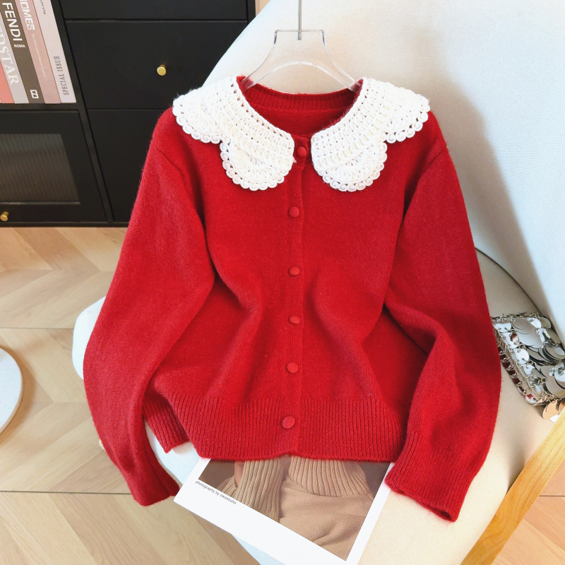 Chanelstyle loose tops knitted doll collar sweater for women