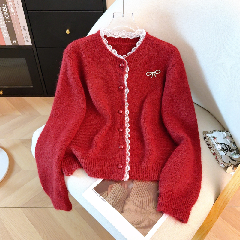 Bow red sweater knitted spring cardigan for women
