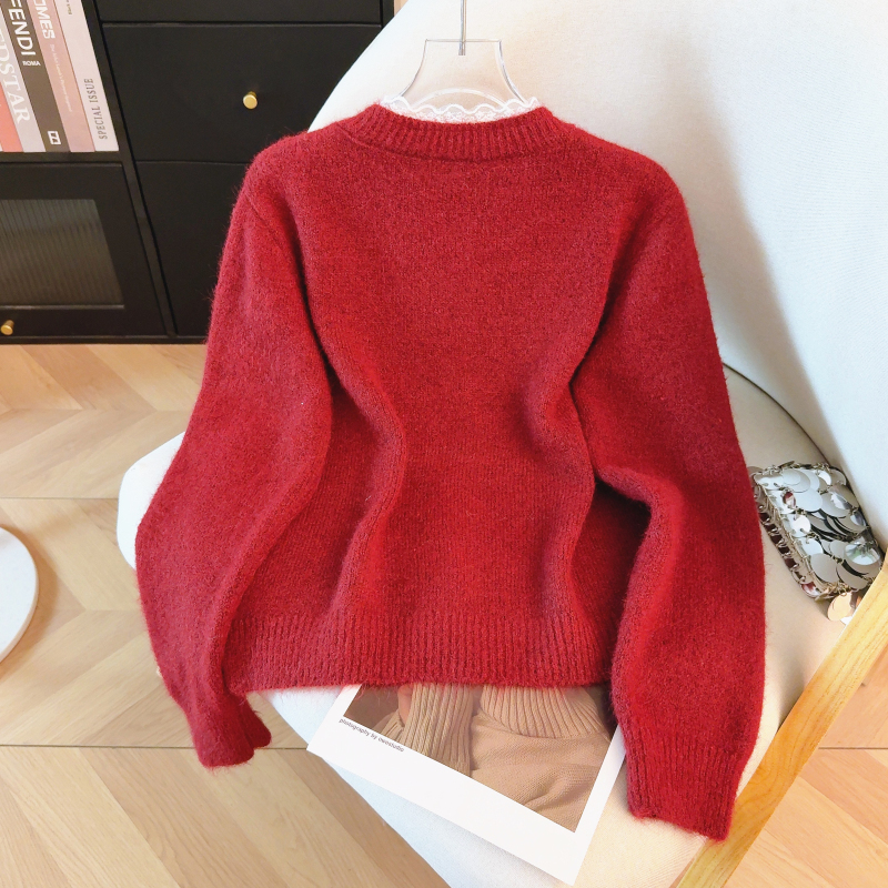 Bow red sweater knitted spring cardigan for women