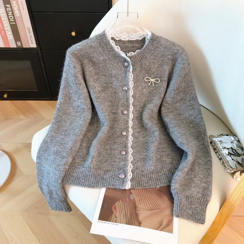 Bow red sweater knitted spring cardigan for women