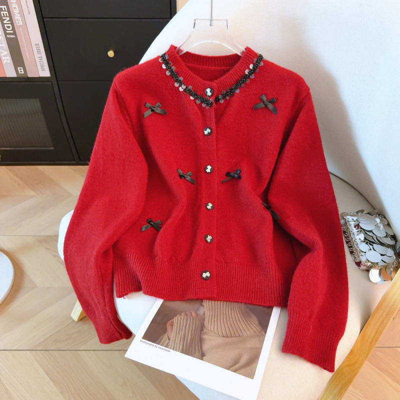 Show young red bow retro sweater beading spring tender tops