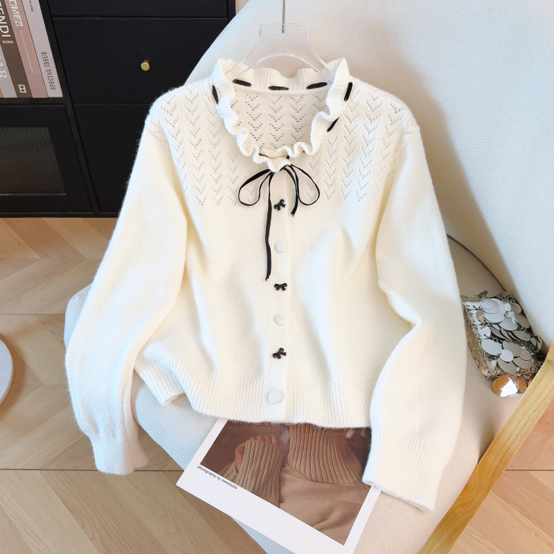 Flowers collar spring wool cardigan knitted bow sweater