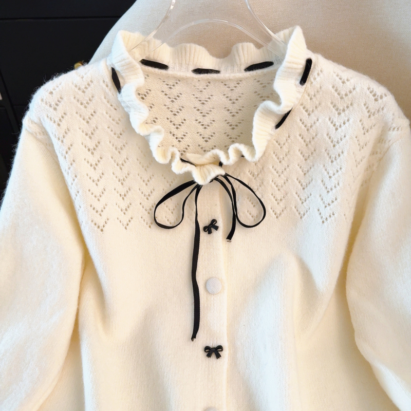 Flowers collar spring wool cardigan knitted bow sweater