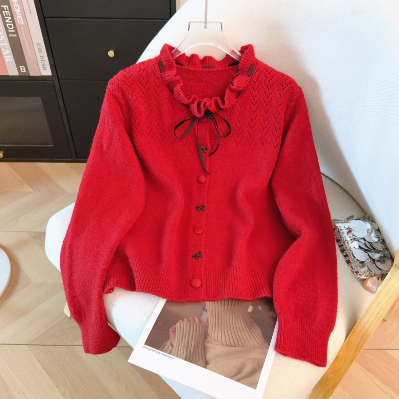 Flowers collar spring wool cardigan knitted bow sweater