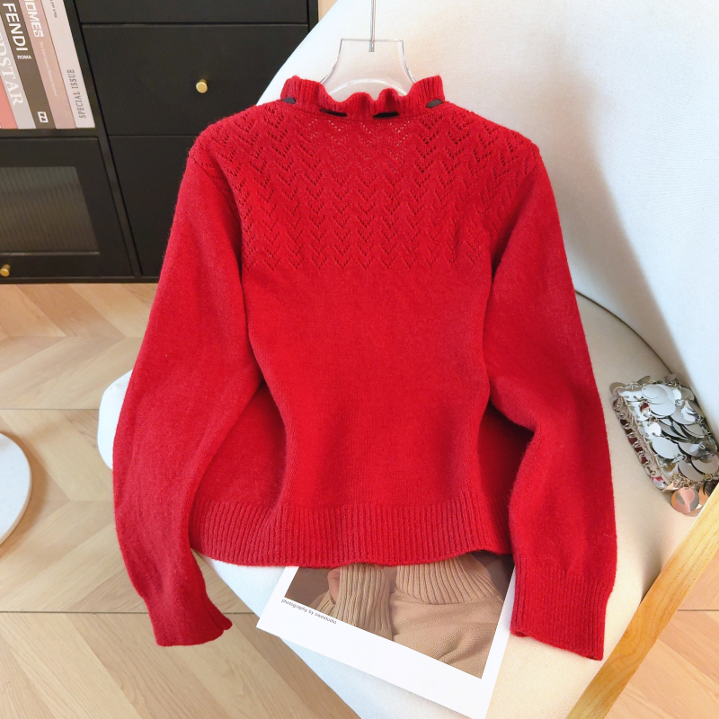 Flowers collar spring wool cardigan knitted bow sweater