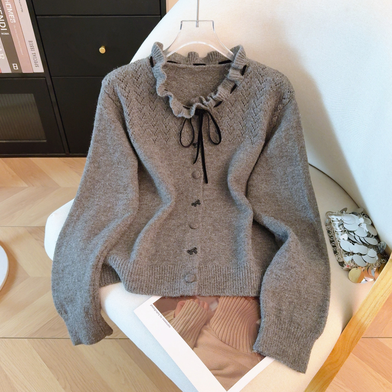 Flowers collar spring wool cardigan knitted bow sweater