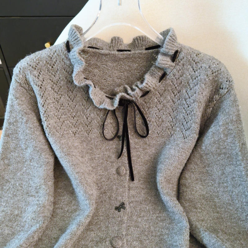 Flowers collar spring wool cardigan knitted bow sweater