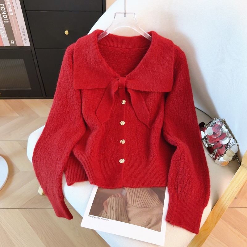 Red short cardigan spring sweater