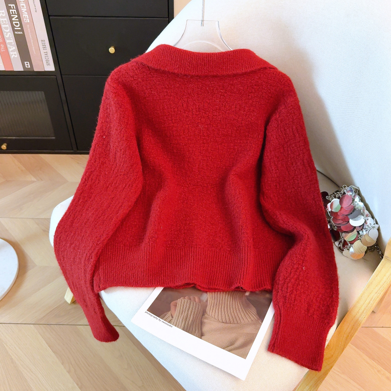 Red short cardigan spring sweater