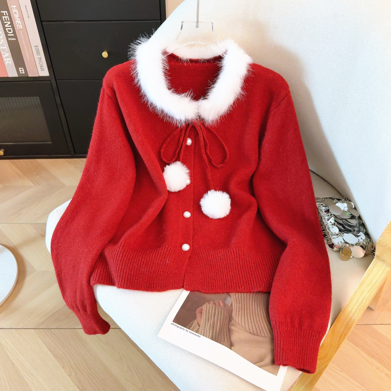 Spring red cardigan knitted coat