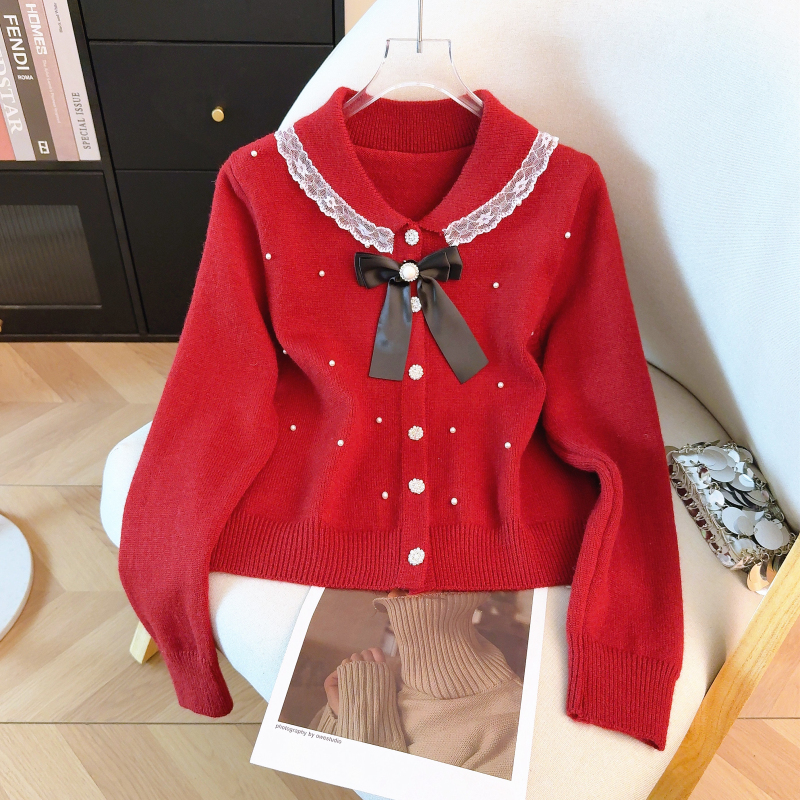 Pinched waist sweet jacket beading cardigan for women