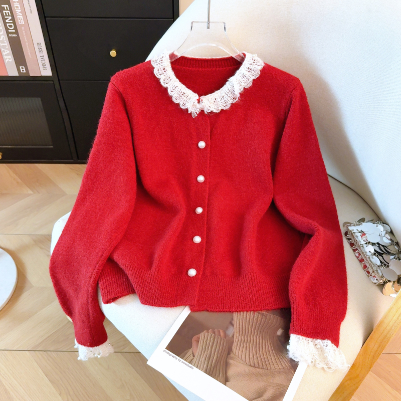Loose tender spring coat lace red sweater for women