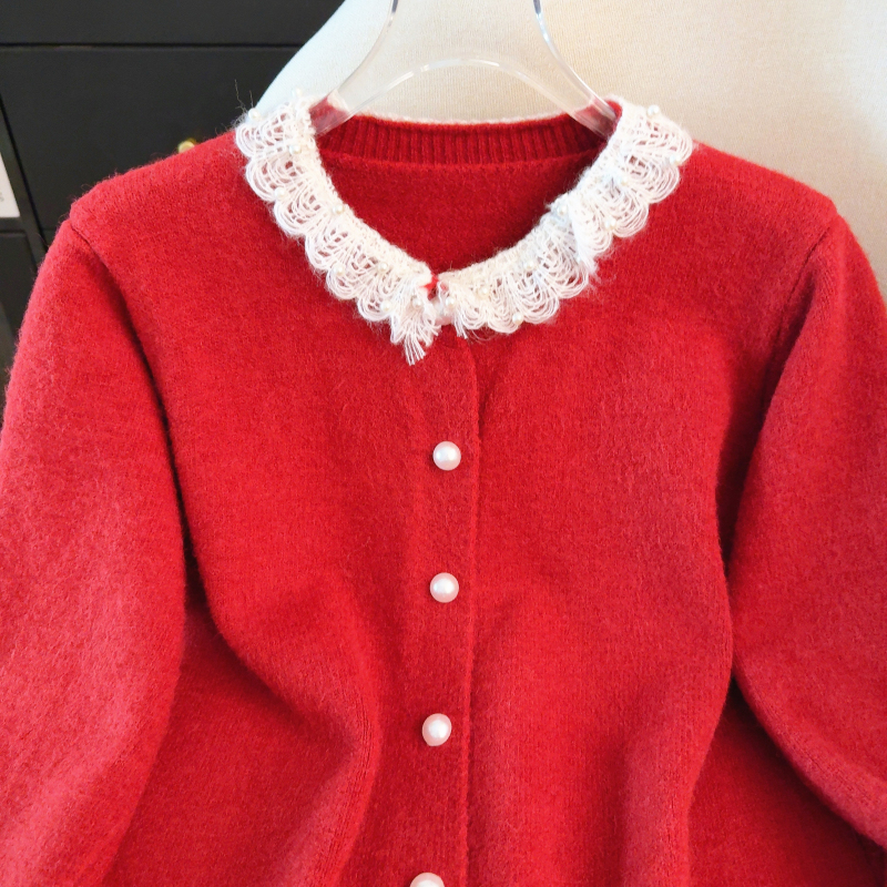 Loose tender spring coat lace red sweater for women