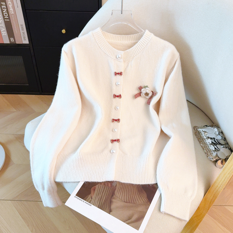 Bow chanelstyle red coat knitted spring cardigan for women