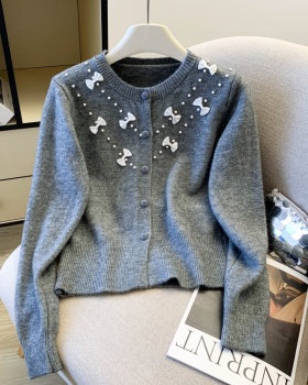 Beading spring lazy sweater bow Korean style knitted cardigan