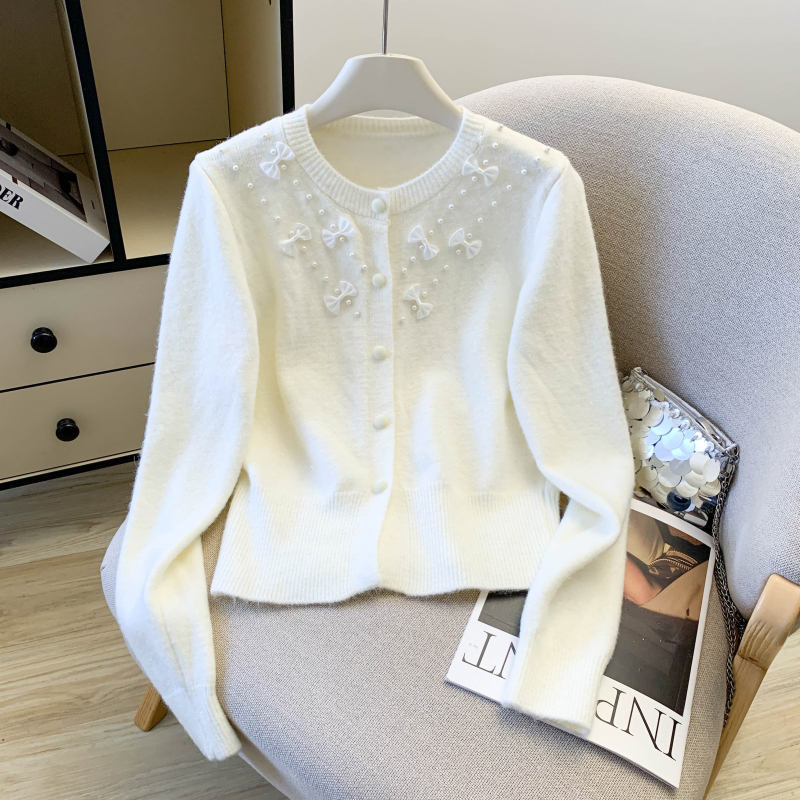 Beading spring lazy sweater bow Korean style knitted cardigan