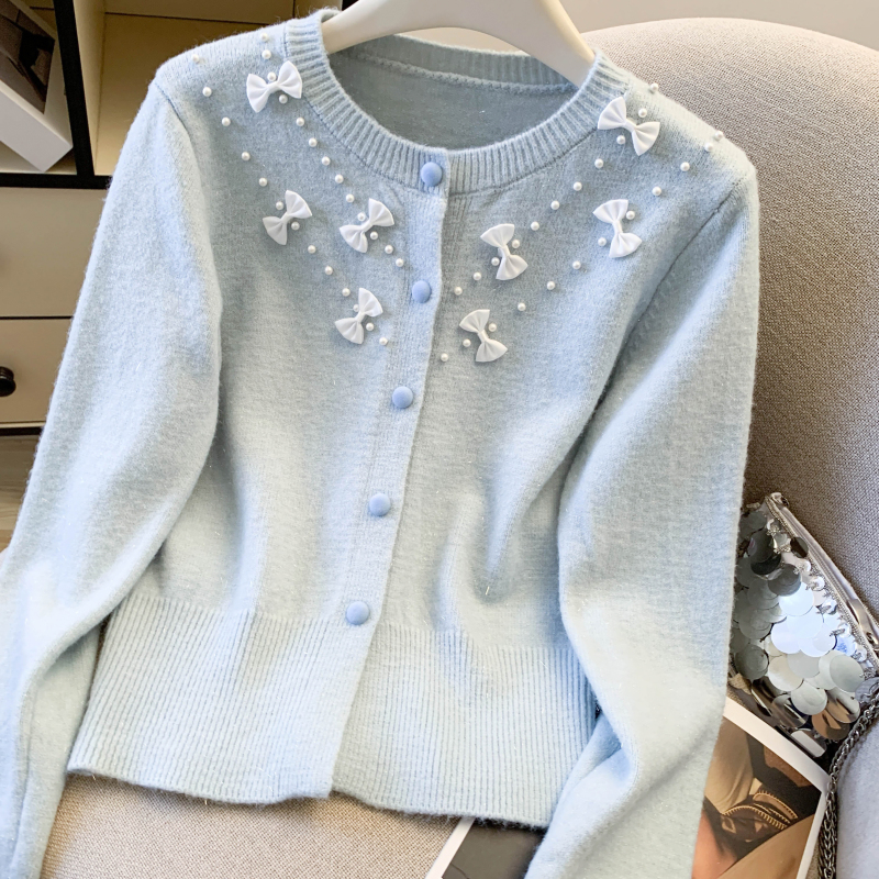 Beading spring lazy sweater bow Korean style knitted cardigan