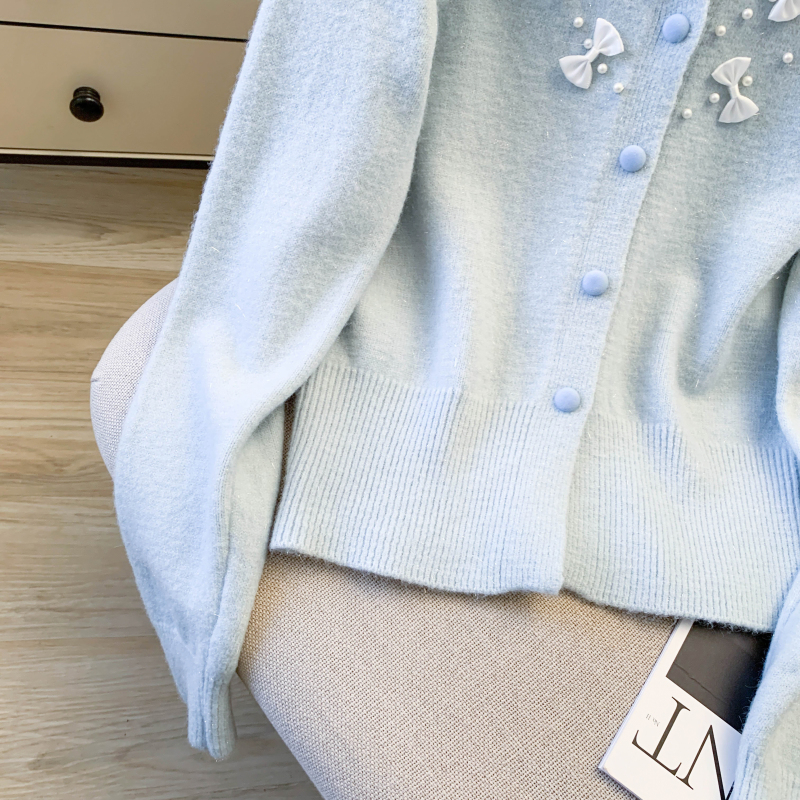 Beading spring lazy sweater bow Korean style knitted cardigan