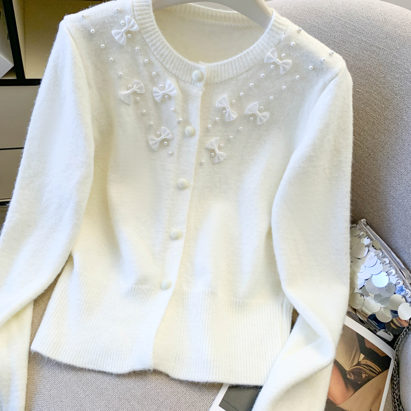 Beading spring lazy sweater bow Korean style knitted cardigan