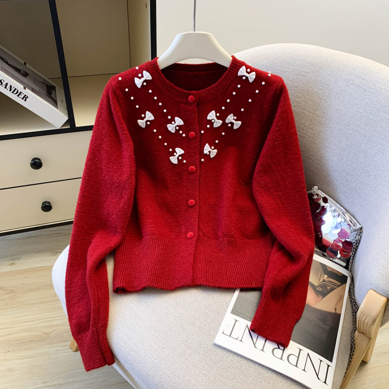 Beading spring lazy sweater bow Korean style knitted cardigan