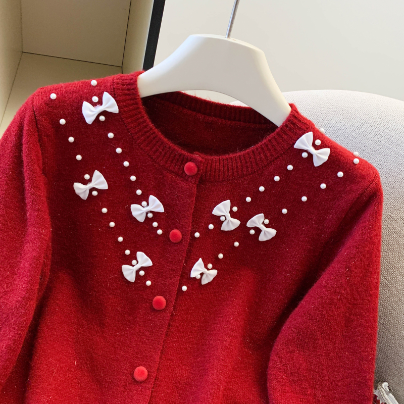Beading spring lazy sweater bow Korean style knitted cardigan