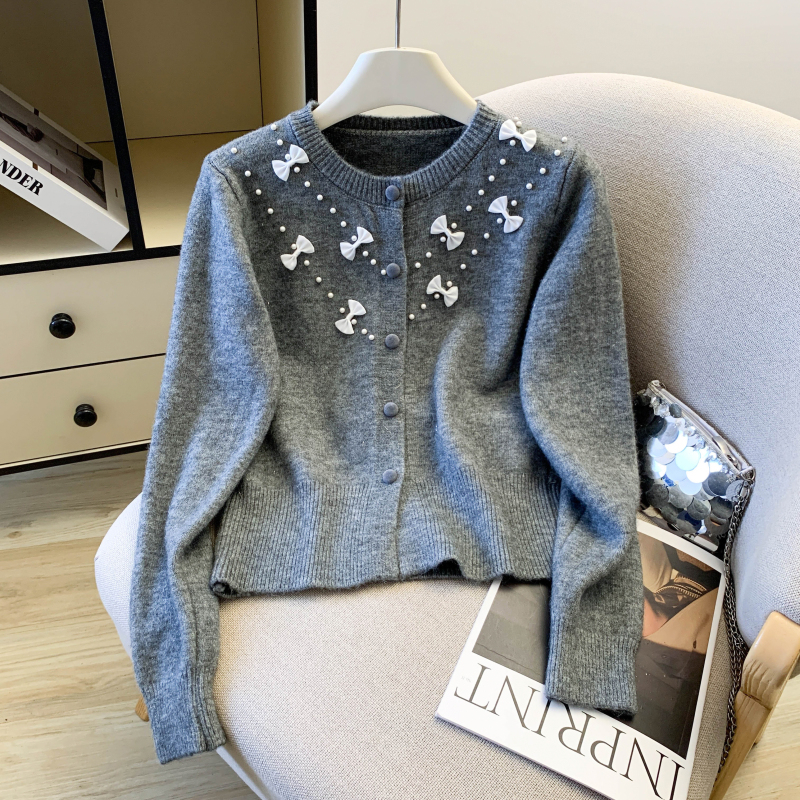Beading spring lazy sweater bow Korean style knitted cardigan