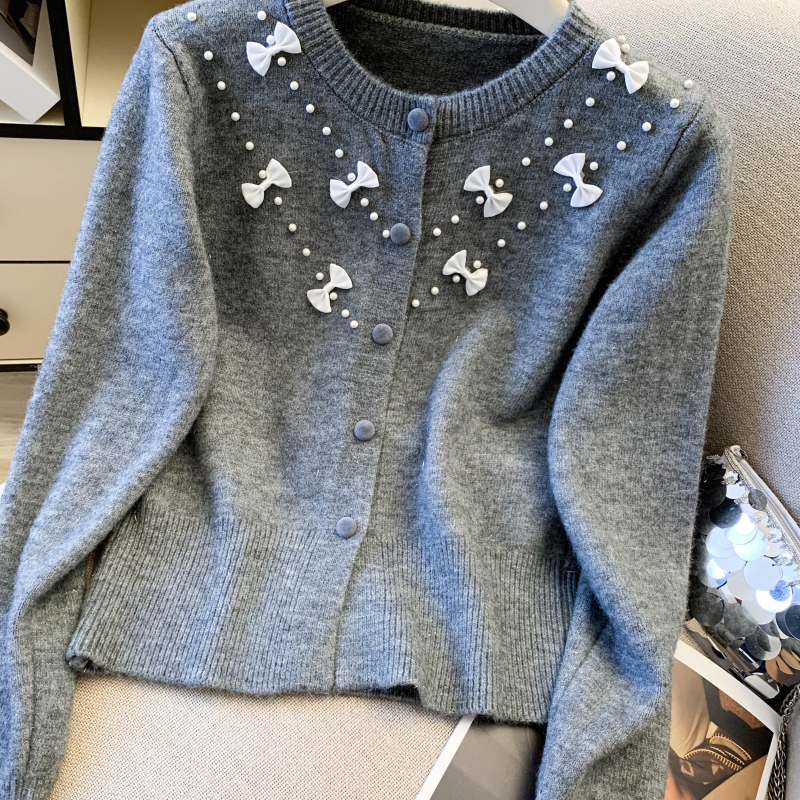 Beading spring lazy sweater bow Korean style knitted cardigan