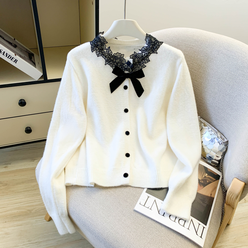 Spring bow sweater chanelstyle lace tops for women