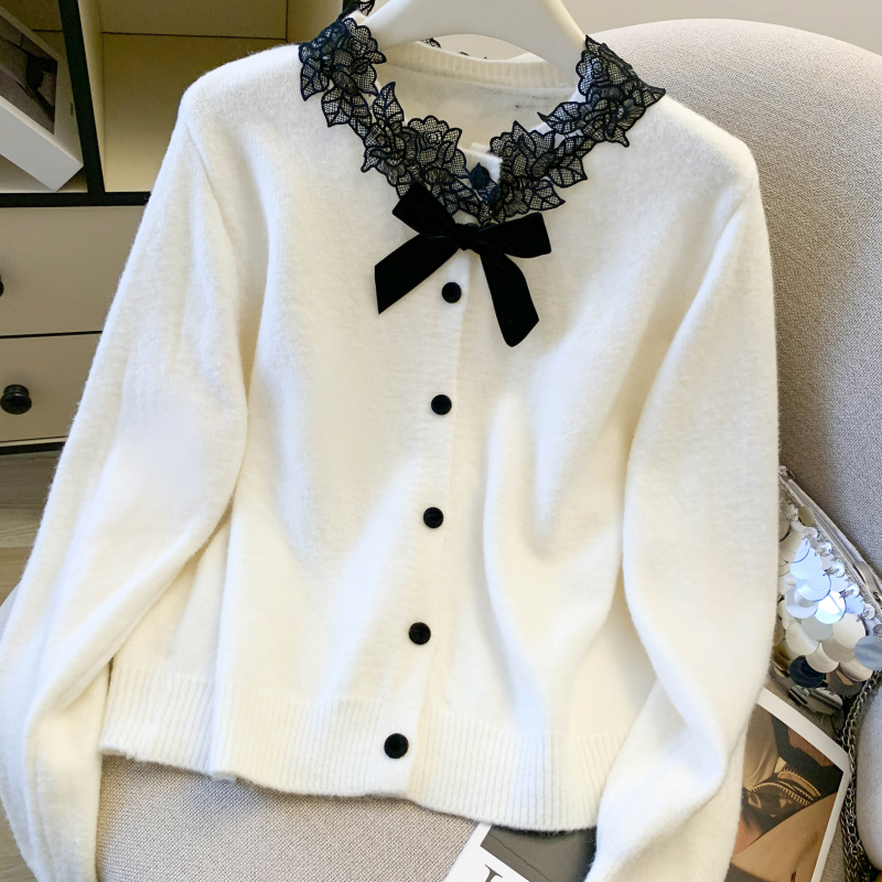 Spring bow sweater chanelstyle lace tops for women