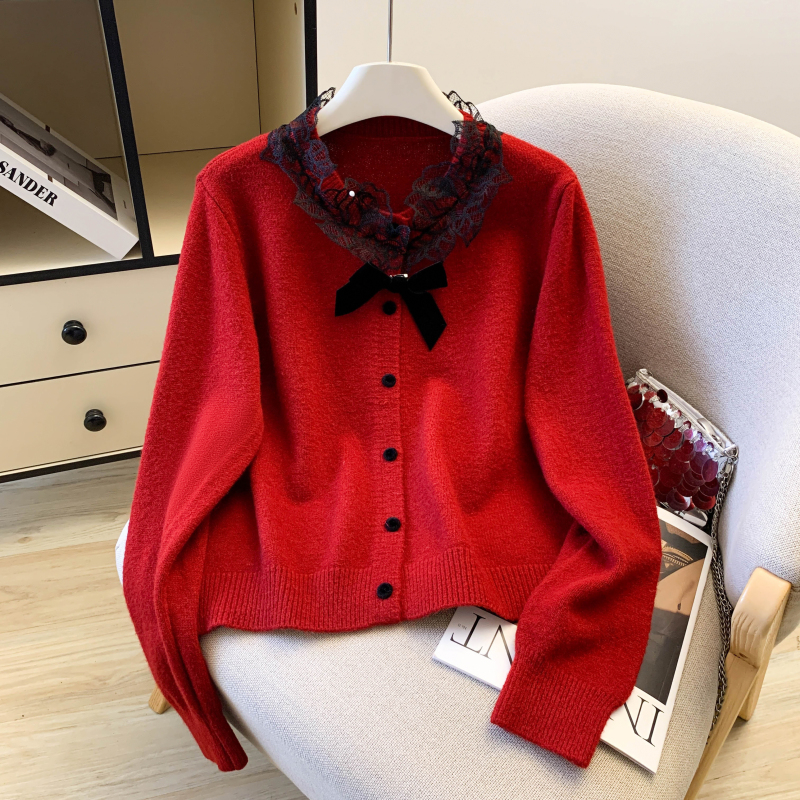 Spring bow sweater chanelstyle lace tops for women