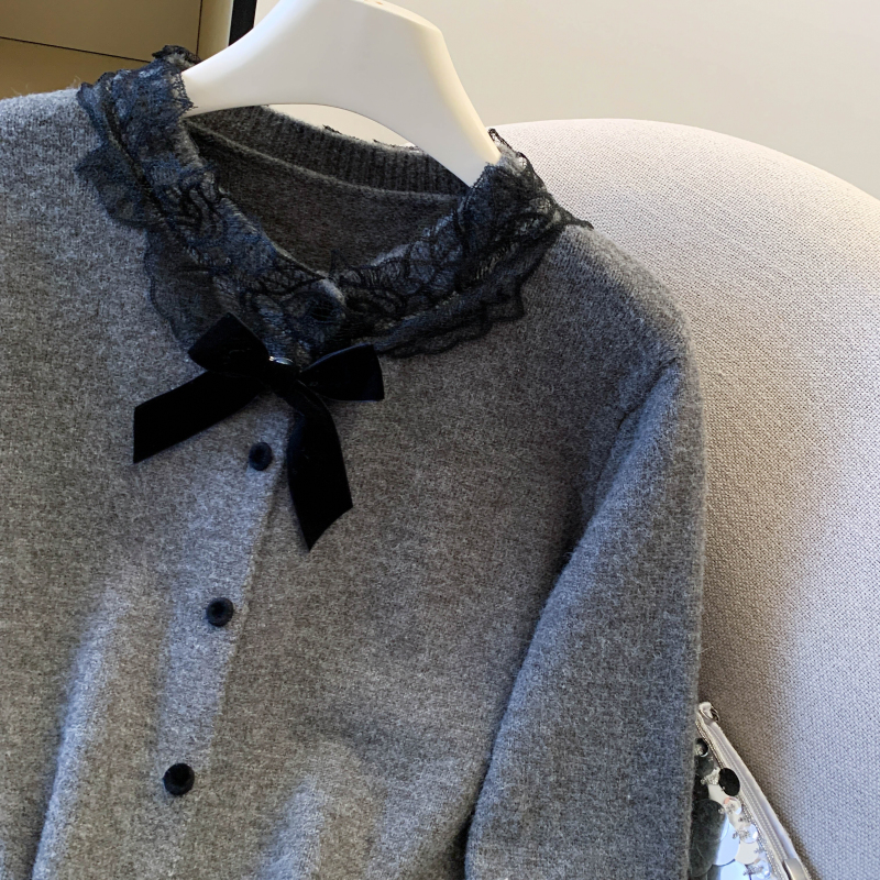 Spring bow sweater chanelstyle lace tops for women