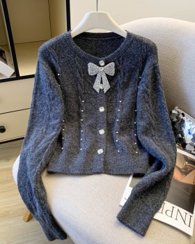 Short France style slim sweater bow spring red tops for women